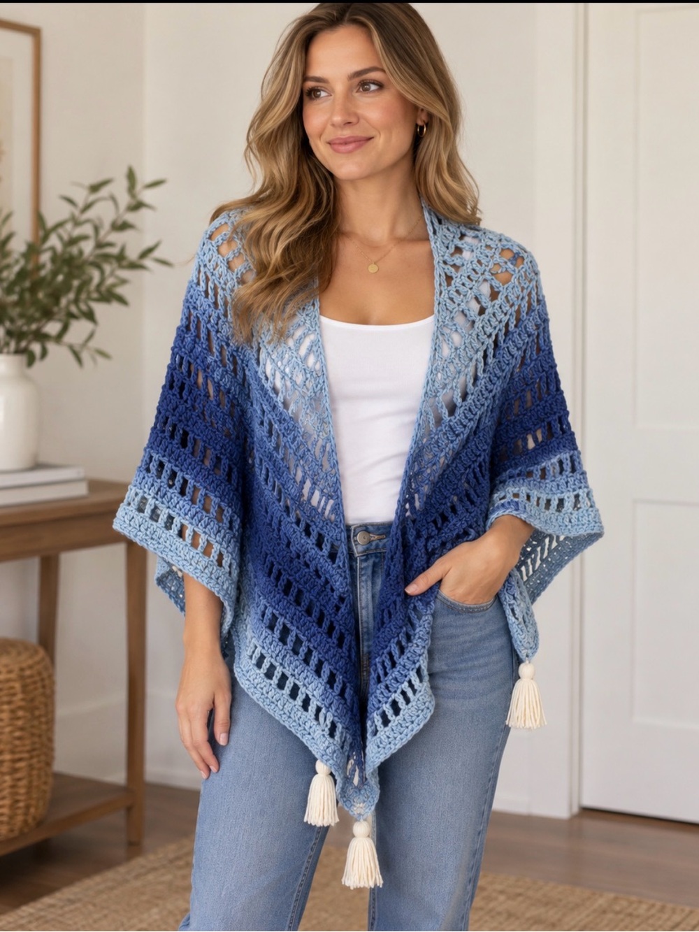 Blue Ombré Crochet Poncho Shawl Wrap Tassel Boho Coastal One Size